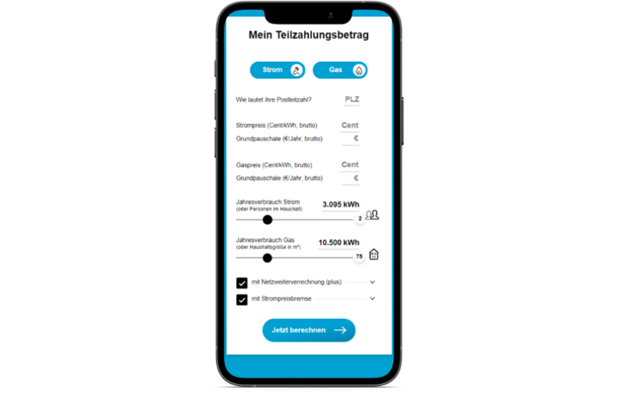 Smart Phone mit einem Screenausschnitt vom Teilzahlungsrechner